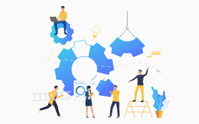 Cogwheels and businesspeople working among them. Business process, gear, teamwork. Management concept. Vector illustration can be used for presentation slide, posters, banners